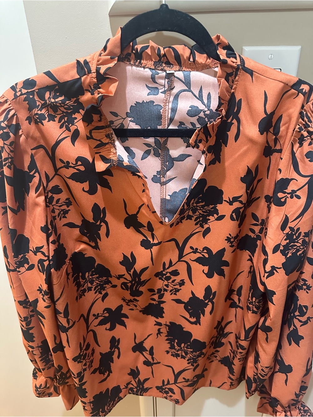 Rust Floral V-Neck Ruffle Blouse